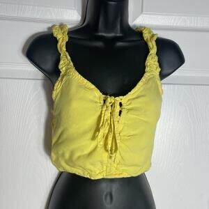 Vintage Y2K Iky & Me Top Women Small Yellow Cropped Smocked Ruffle Lace Up Shirt